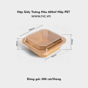 hộp giấy kraft vuông nâu 650ml nắp pet trong
