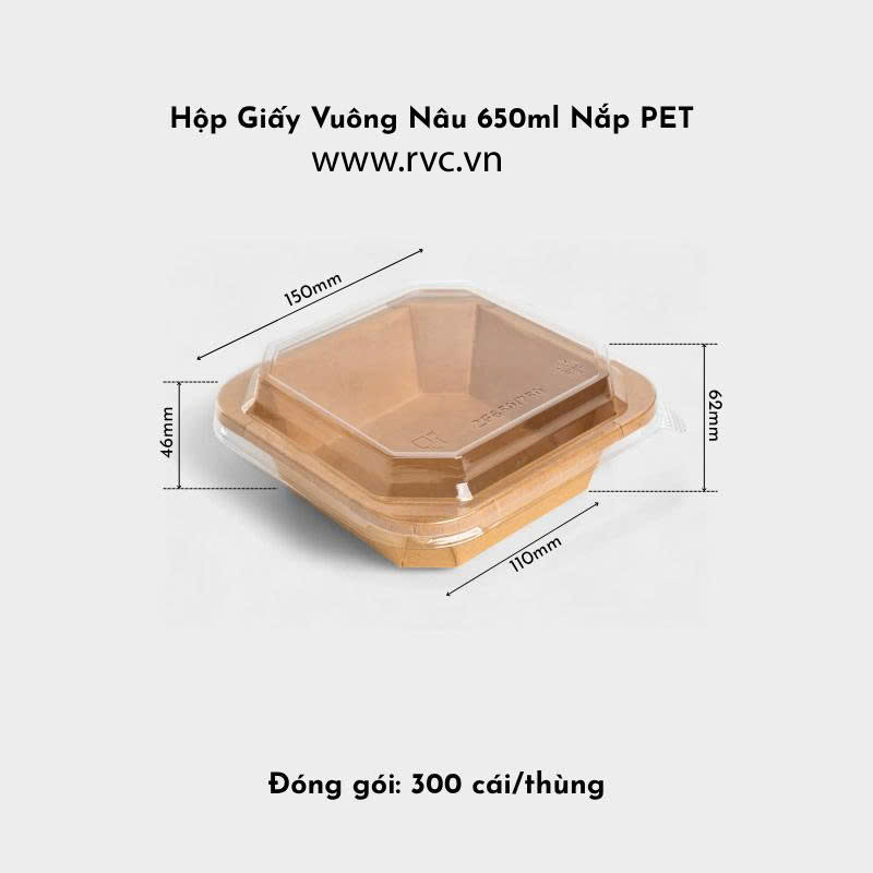 hộp giấy kraft vuông nâu 650ml nắp pet trong