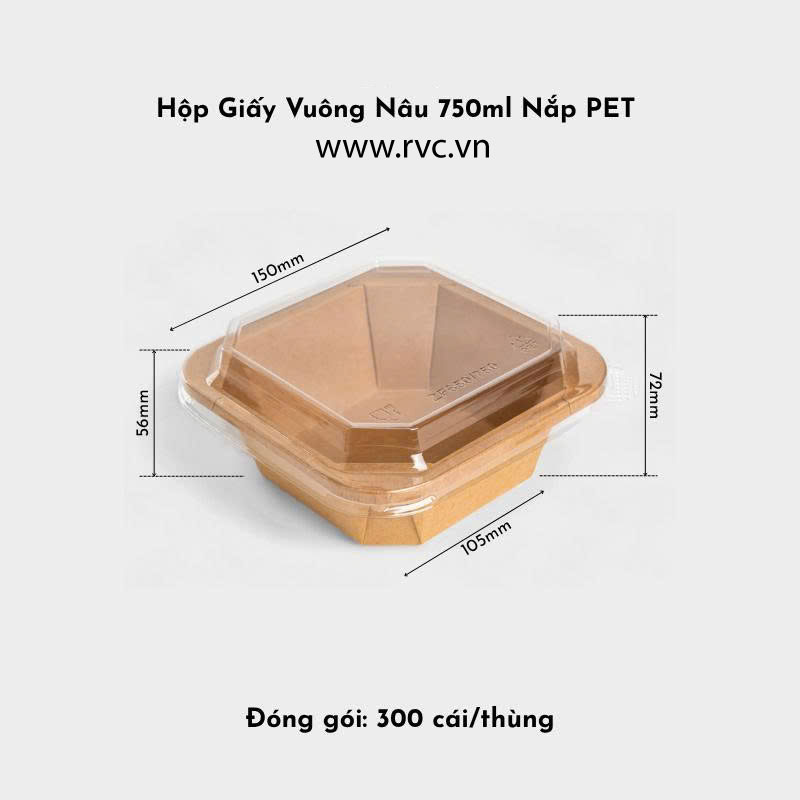 Hộp giấy kraft vuông nâu 750 nắp pet